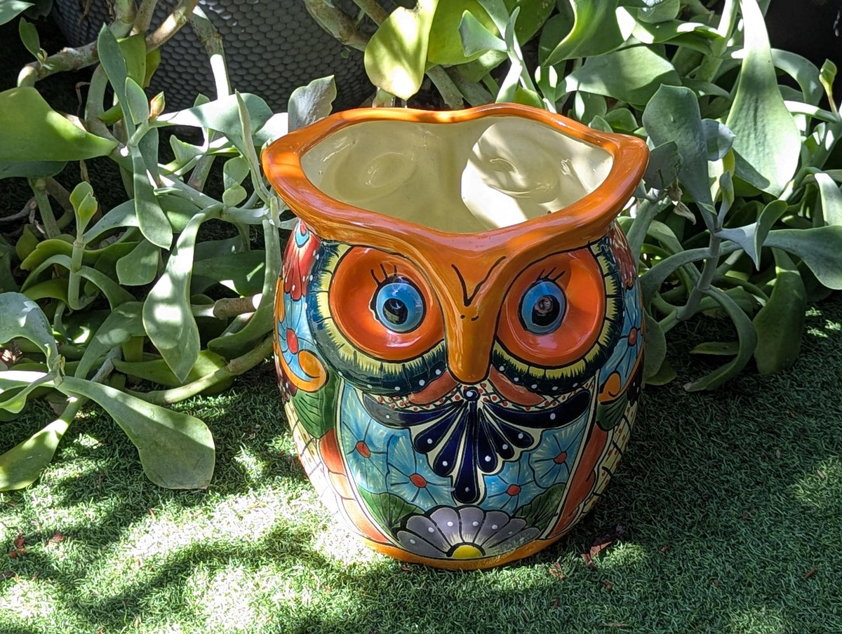 11.5" Tall Talavera Owl Flower Pot | Handmade Ceramic Planter | Outdoor Mexican Pottery Gift
