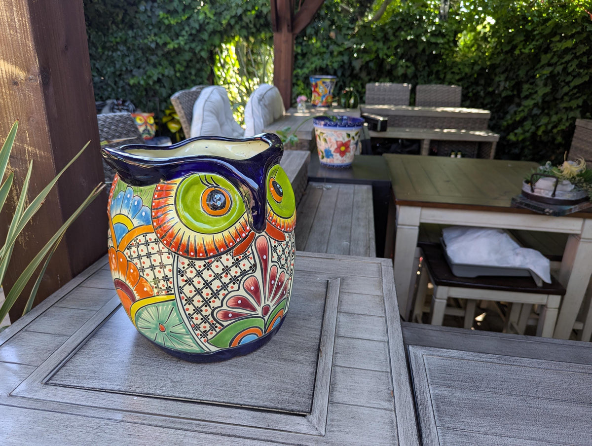 11.5" Tall Talavera Owl Planter | Handmade Ceramic Flower Pot | Outdoor Mexican Pottery Gift