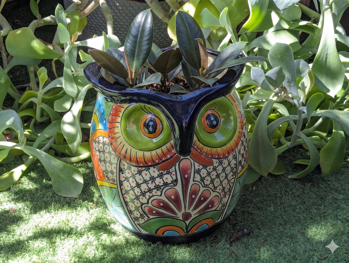 11.5" Tall Talavera Owl Planter | Handmade Ceramic Flower Pot | Outdoor Mexican Pottery Gift