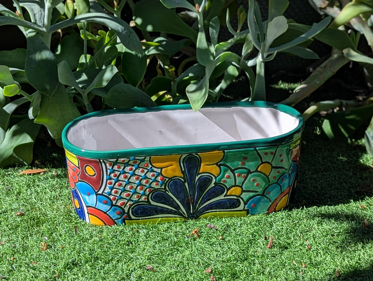 Talavera Oval Succulent Planter | Mexican Ceramic Window Box  | Hand Painted Pot