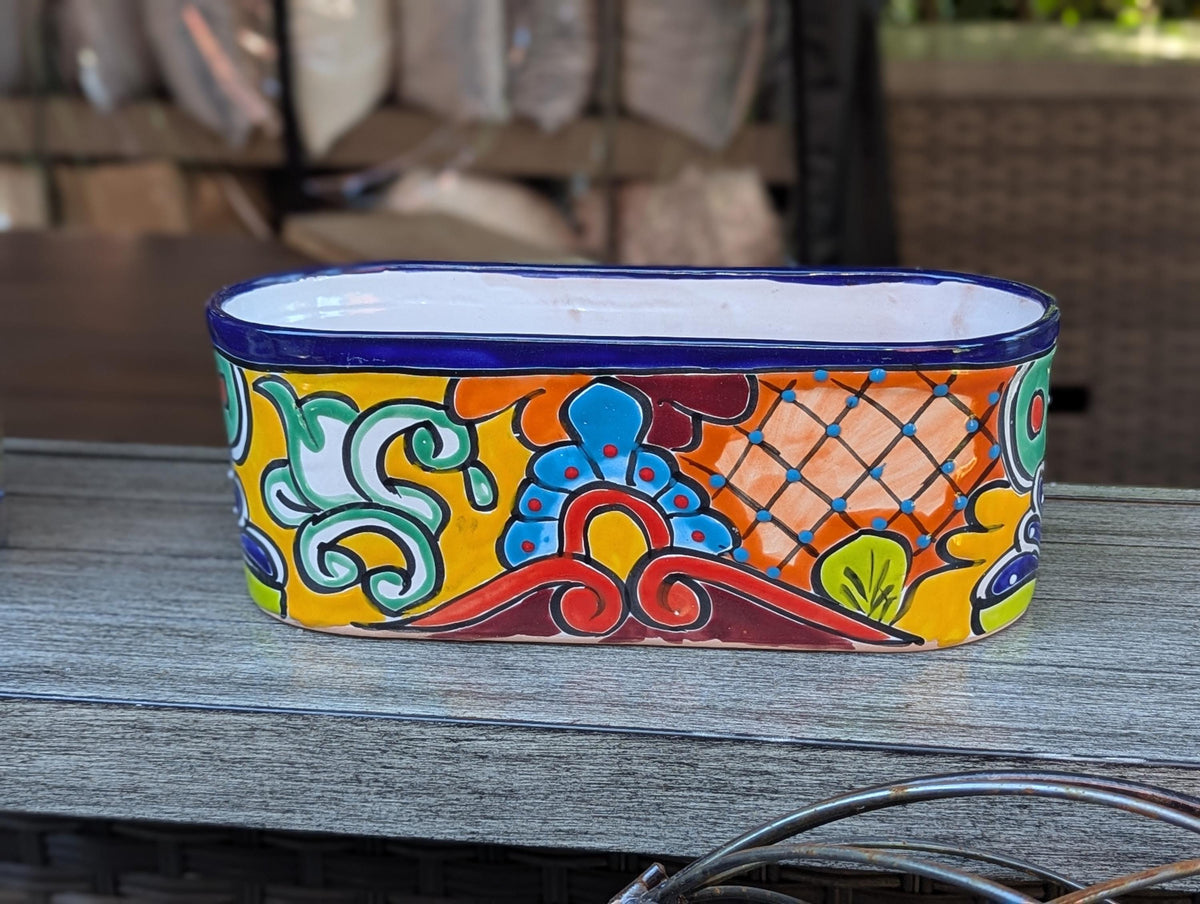 Hand Painted Talavera Oval Pot | Mexican Pottery Ceramic Planter | Succulent Window Box