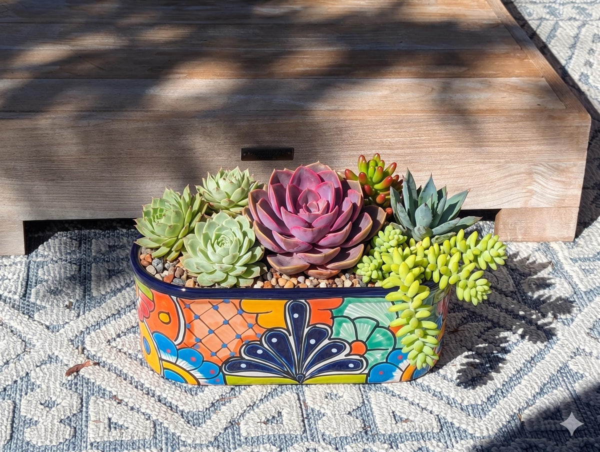 Talavera Oval Succulent Planter | Mexican Ceramic Pot | Hand Painted Window Box