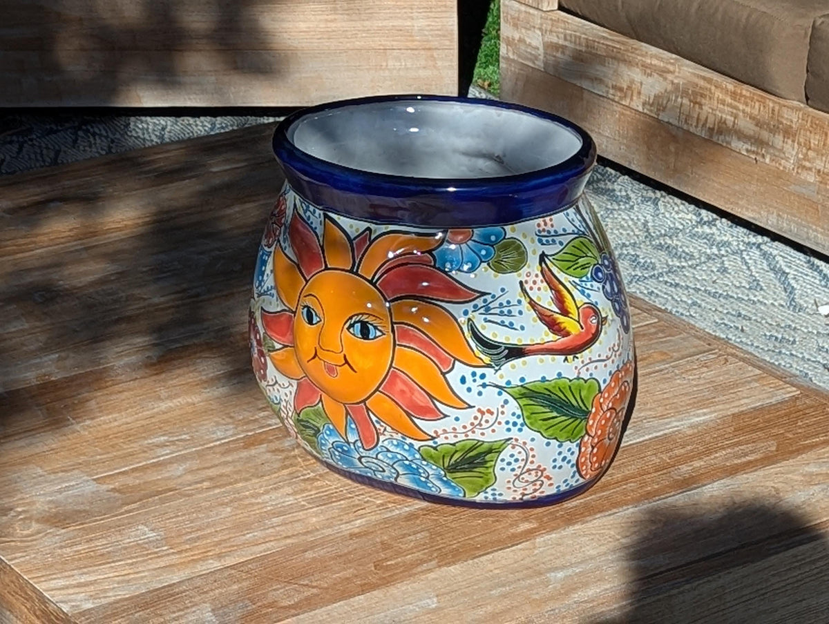 11.5" Oval Talavera Sun Planter | Handmade Mexican Ceramic Flower Pot | Outdoor Yard Art