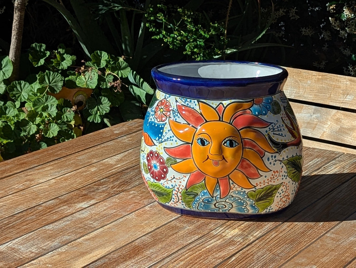 11.5" Oval Talavera Sun Planter | Handmade Mexican Ceramic Flower Pot | Outdoor Yard Art