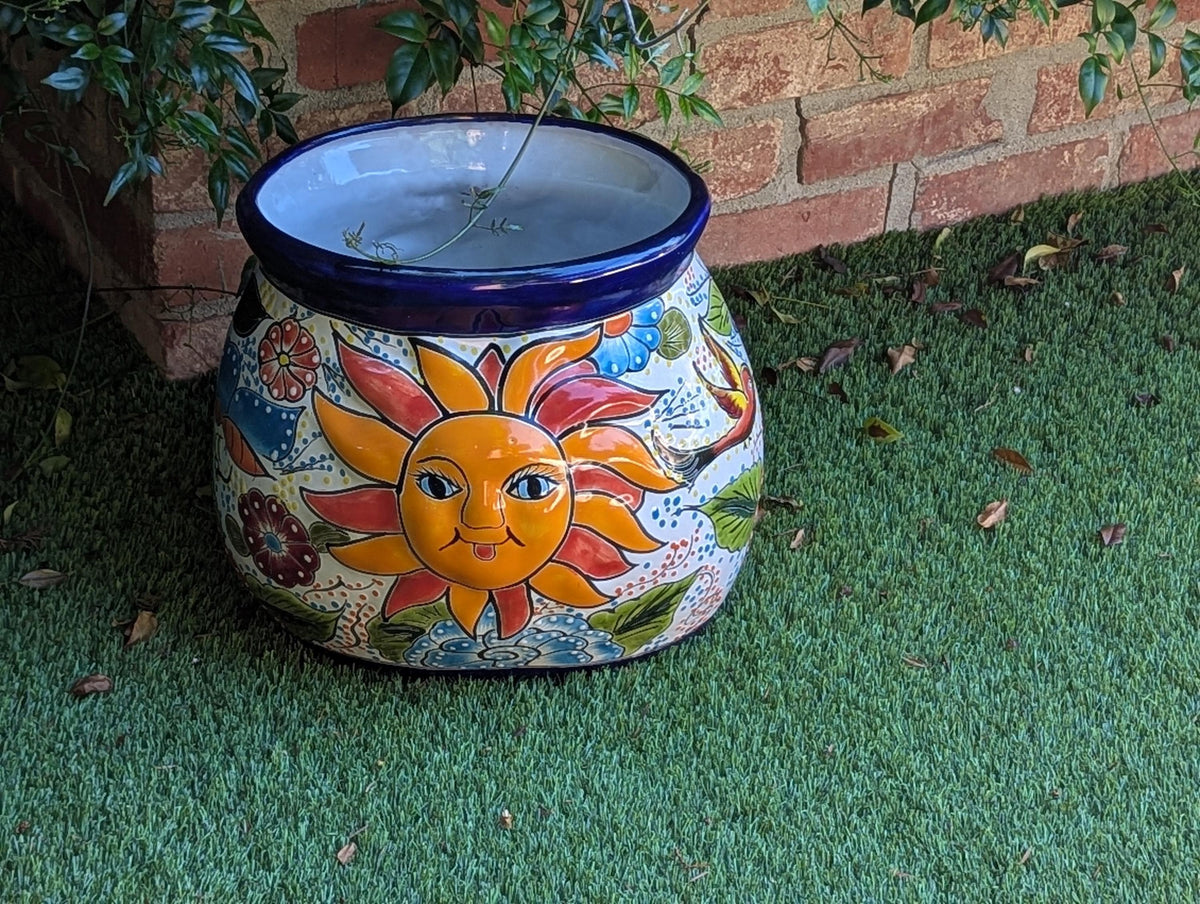 11.5" Oval Talavera Sun Planter | Handmade Mexican Ceramic Flower Pot | Outdoor Yard Art