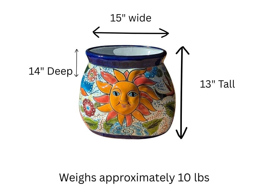 11.5" Oval Talavera Sun Planter | Handmade Mexican Ceramic Flower Pot | Outdoor Yard Art