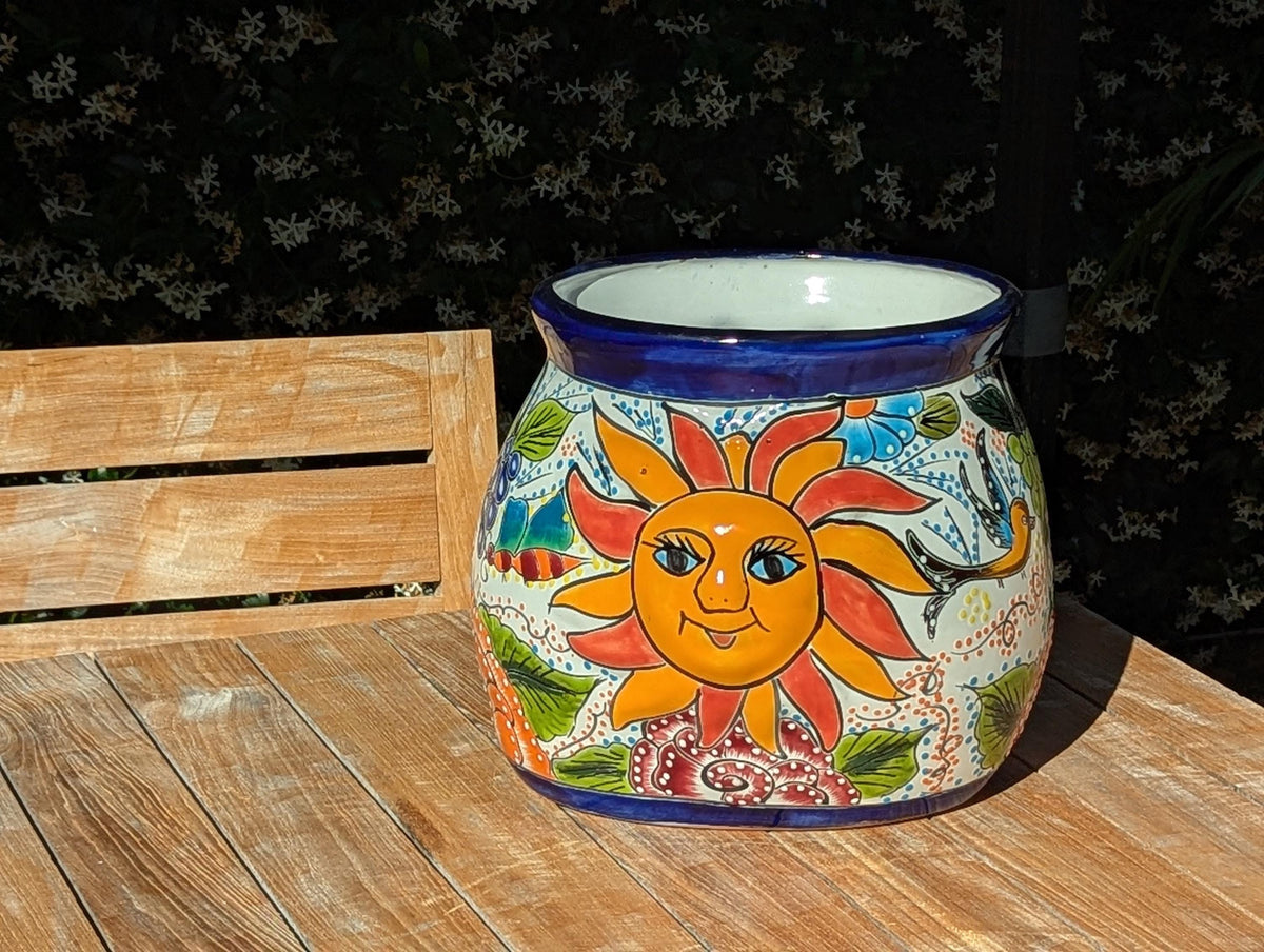 11.5" Oval Talavera Sun Planter | Handmade Mexican Ceramic Flower Pot | Outdoor Yard Art