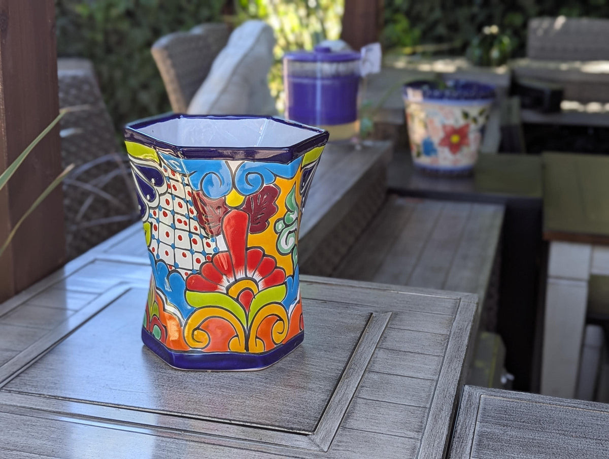 Talavera Hexagon Flower Pot | Hand painted Mexican Pottery Garden Decor | Housewarming Gift