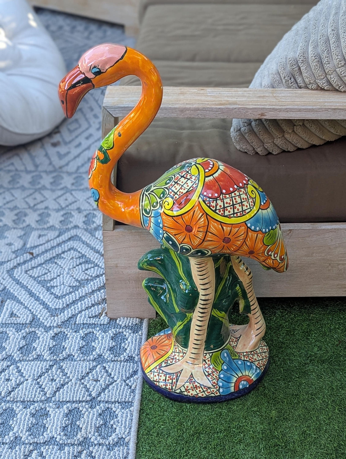 Talavera Flamingo Statue | Handmade Ceramic Mexican Art Sculpture | Colorful Lawn Ornament