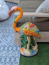 Talavera Flamingo Statue | Handmade Ceramic Mexican Art Sculpture | Colorful Lawn Ornament