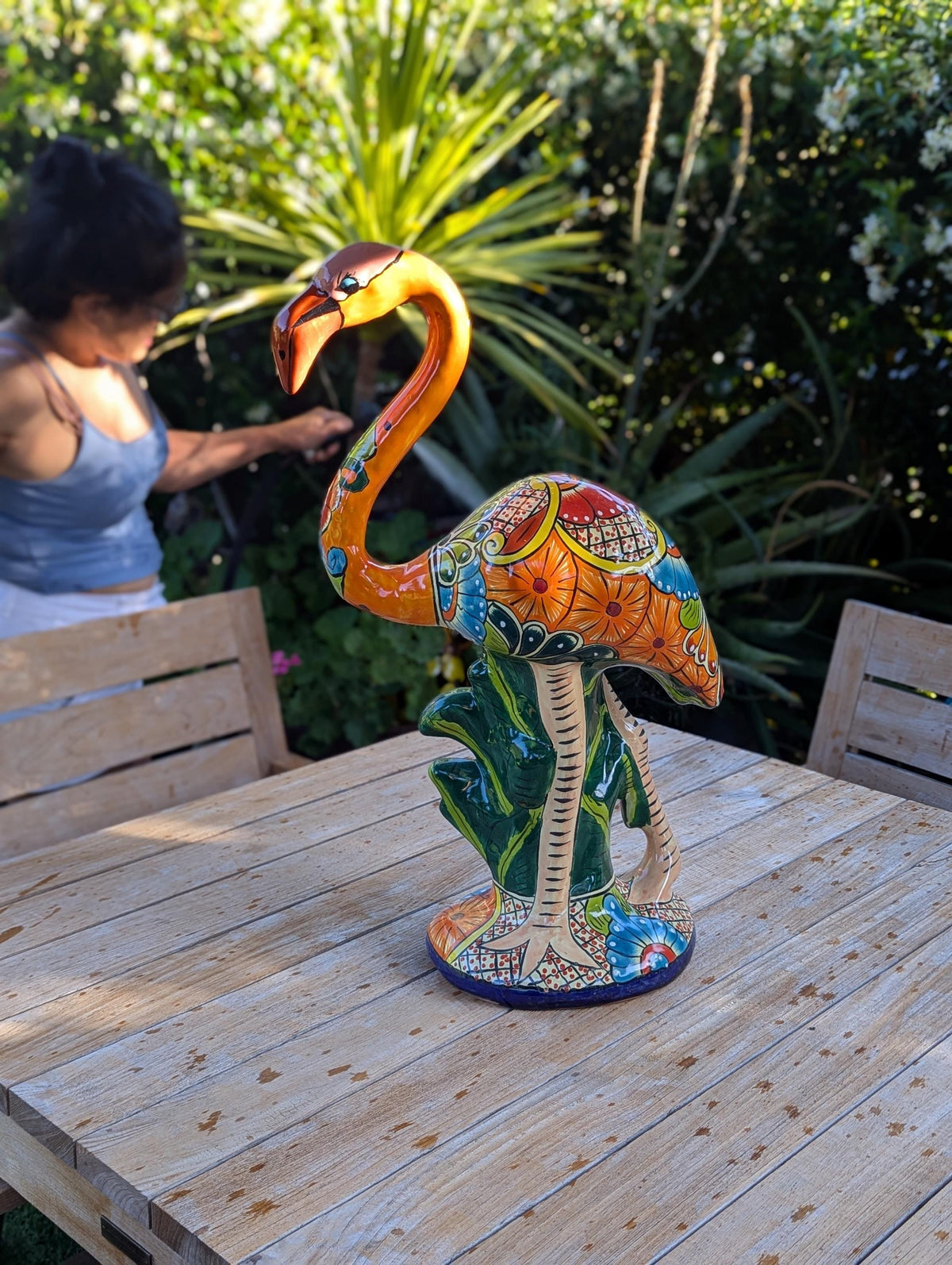 Talavera Flamingo Statue | Handmade Ceramic Mexican Art Sculpture | Colorful Lawn Ornament
