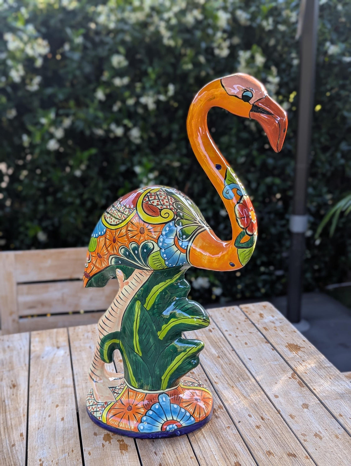 Talavera Flamingo Statue | Handmade Ceramic Mexican Art Sculpture | Colorful Lawn Ornament