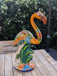 Talavera Flamingo Statue | Handmade Ceramic Mexican Art Sculpture | Colorful Lawn Ornament