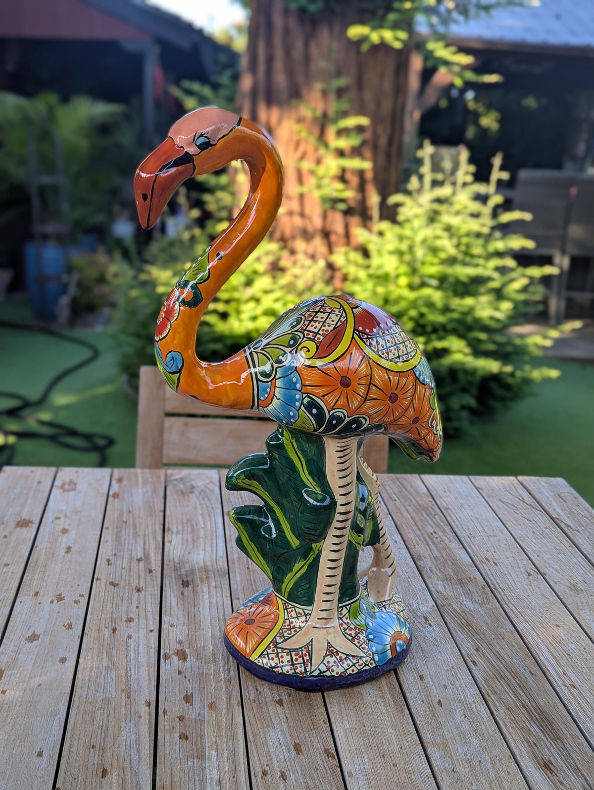 Talavera Flamingo Statue | Handmade Ceramic Mexican Art Sculpture | Colorful Lawn Ornament