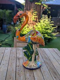 Talavera Flamingo Statue | Handmade Ceramic Mexican Art Sculpture | Colorful Lawn Ornament