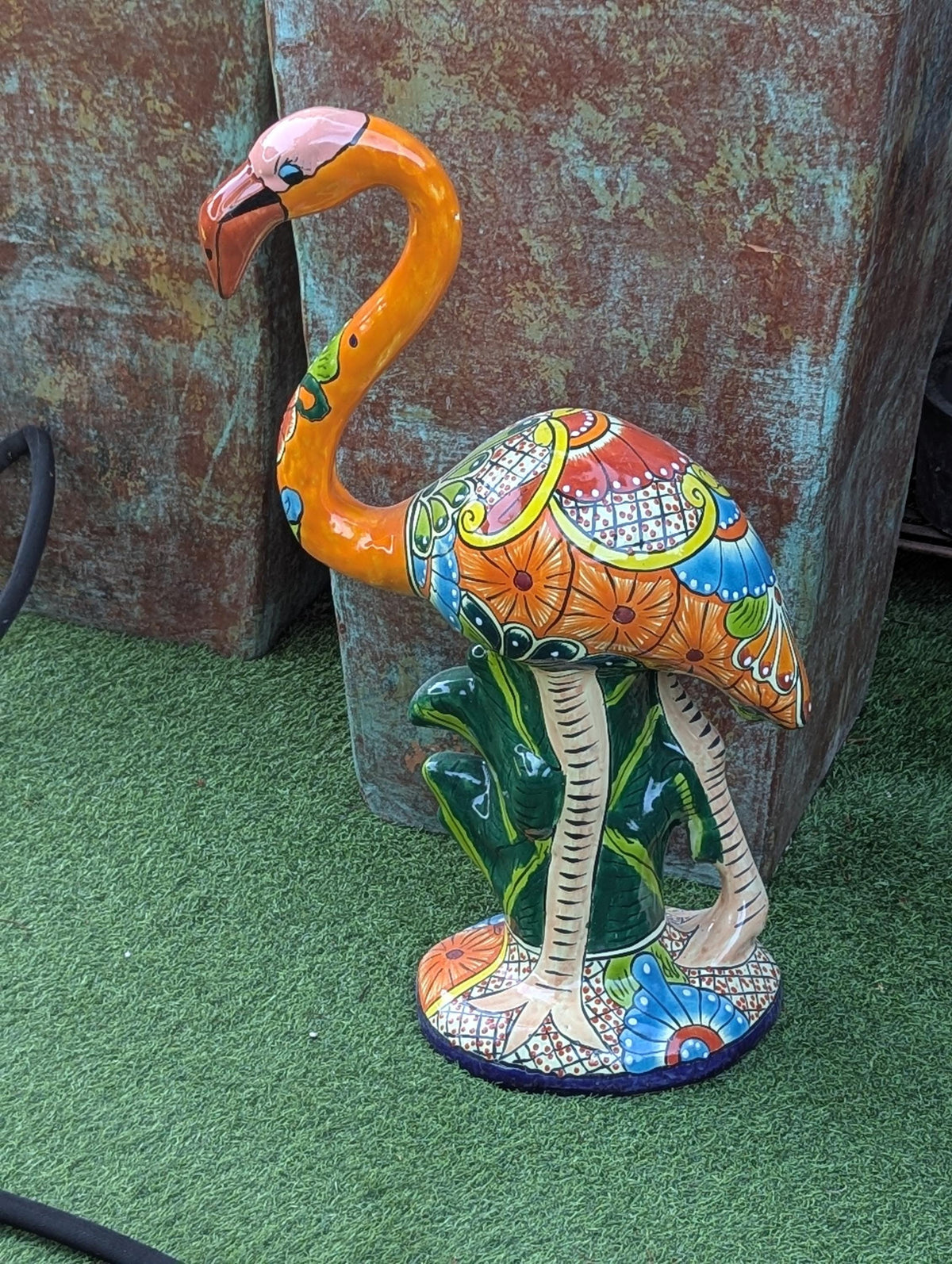 Talavera Flamingo Statue | Handmade Ceramic Mexican Art Sculpture | Colorful Lawn Ornament