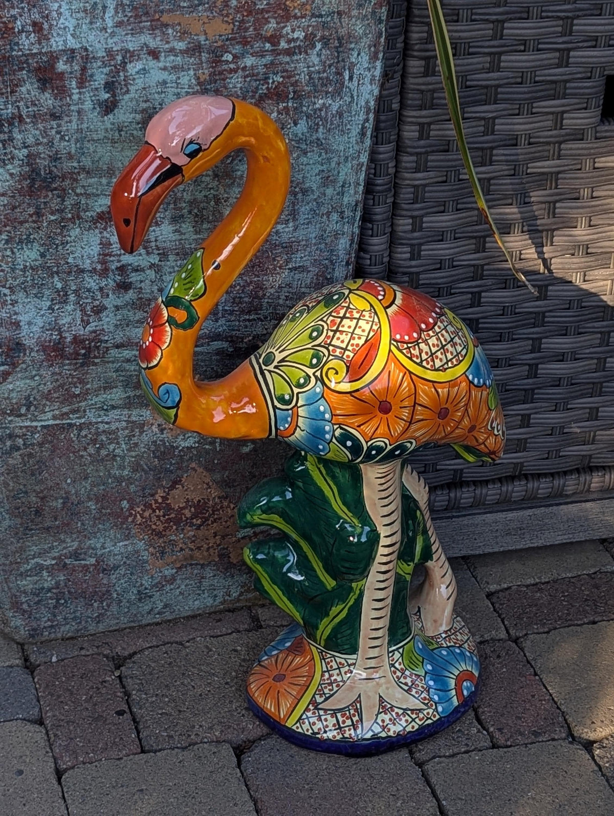 Talavera Flamingo Statue | Handmade Ceramic Mexican Art Sculpture | Colorful Lawn Ornament