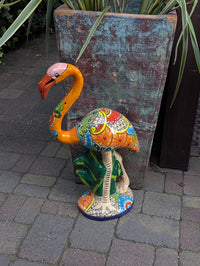 Talavera Flamingo Statue | Handmade Ceramic Mexican Art Sculpture | Colorful Lawn Ornament
