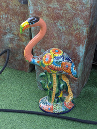 Handmade Talavera Flamingo Garden Statue | Ceramic Mexican Pottery | Colorful Lawn Ornament