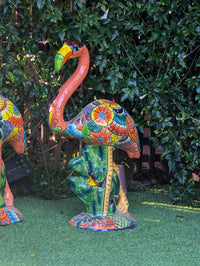 Handmade Talavera Flamingo Garden Statue | Ceramic Mexican Pottery | Colorful Lawn Ornament