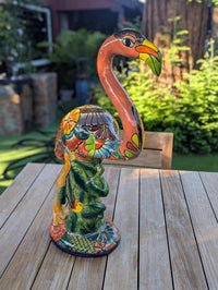 Handmade Talavera Flamingo Garden Statue | Ceramic Mexican Pottery | Colorful Lawn Ornament