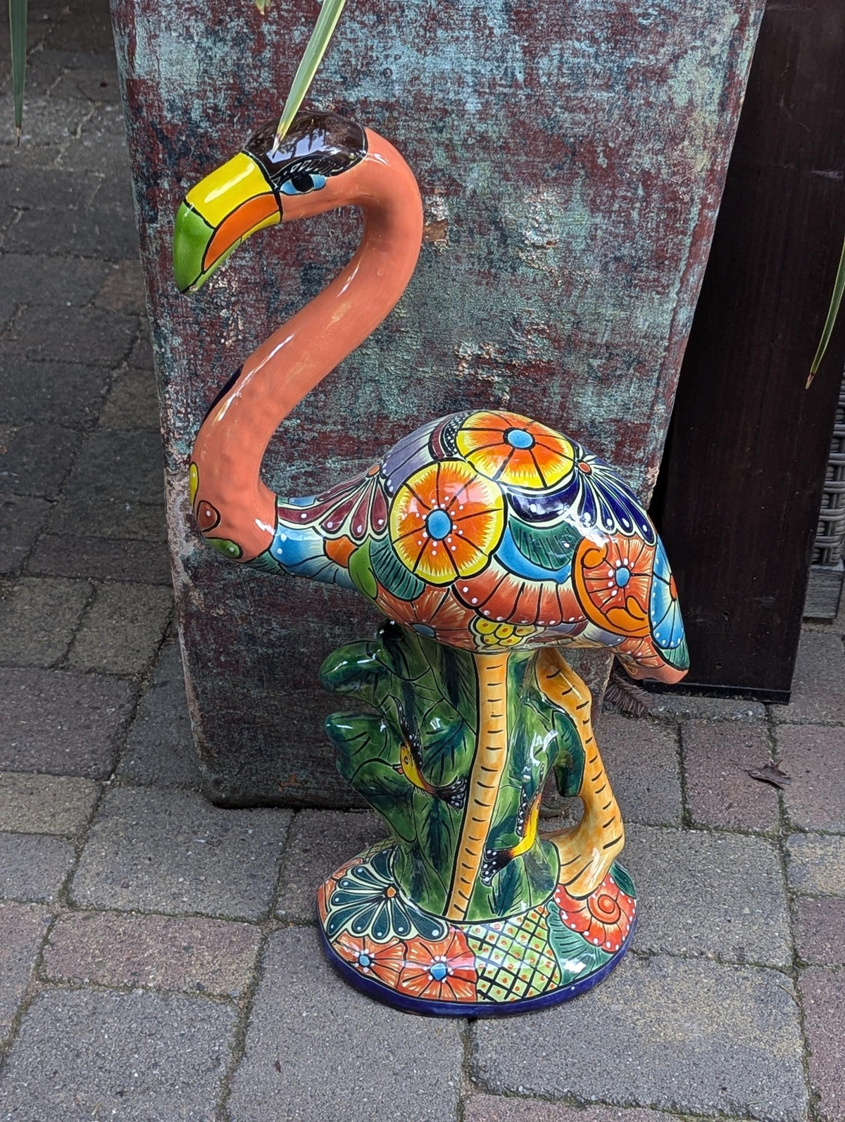 Handmade Talavera Flamingo Garden Statue | Ceramic Mexican Pottery | Colorful Lawn Ornament