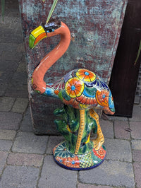 Handmade Talavera Flamingo Garden Statue | Ceramic Mexican Pottery | Colorful Lawn Ornament