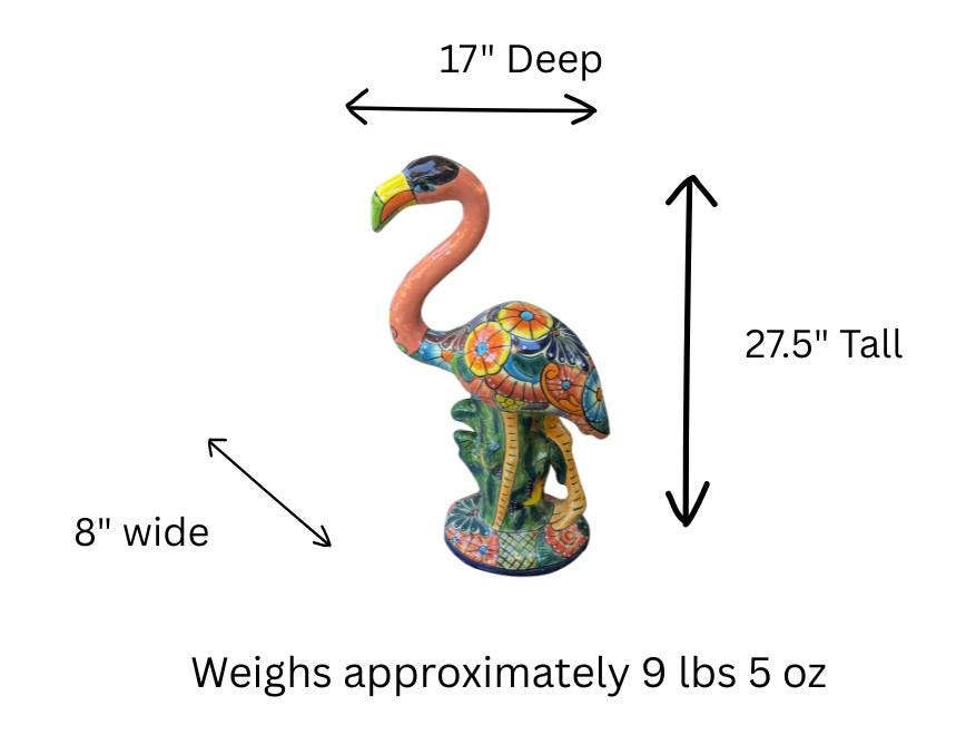 Handmade Talavera Flamingo Garden Statue | Ceramic Mexican Pottery | Colorful Lawn Ornament