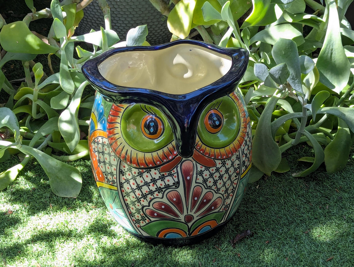 11.5" Tall Talavera Owl Planter | Handmade Ceramic Flower Pot | Outdoor Mexican Pottery Gift