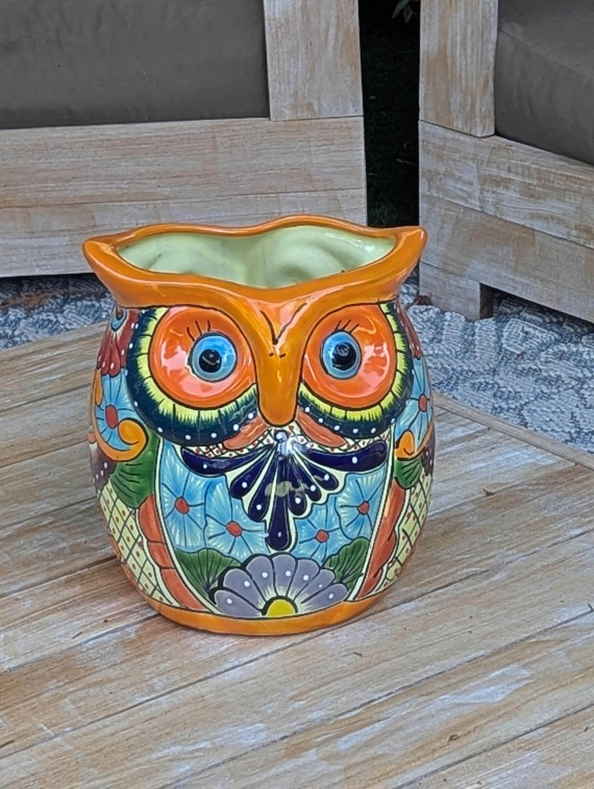 11.5" Tall Talavera Owl Flower Pot | Handmade Ceramic Planter | Outdoor Mexican Pottery Gift