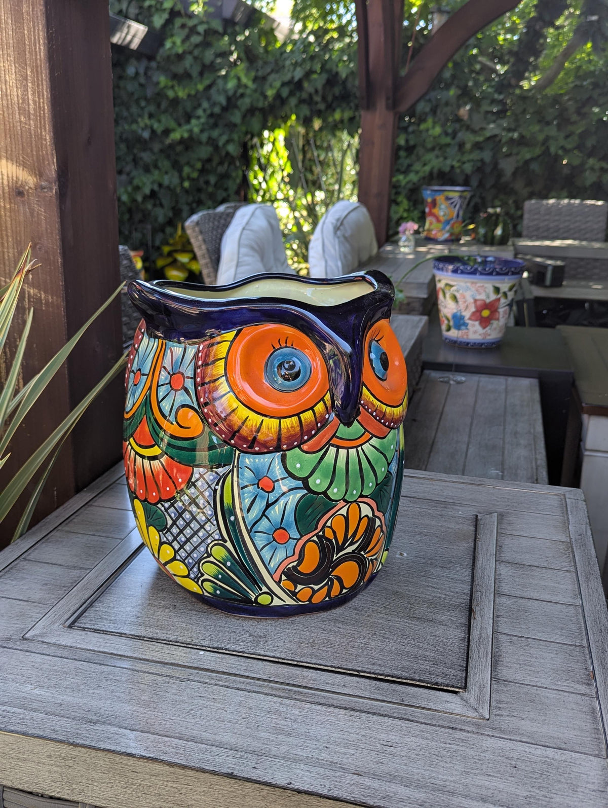 Outdoor Owl Flower Pot | 11.5" Tall Talavera Ceramic Planter | Handmade Mexican Pottery Gift