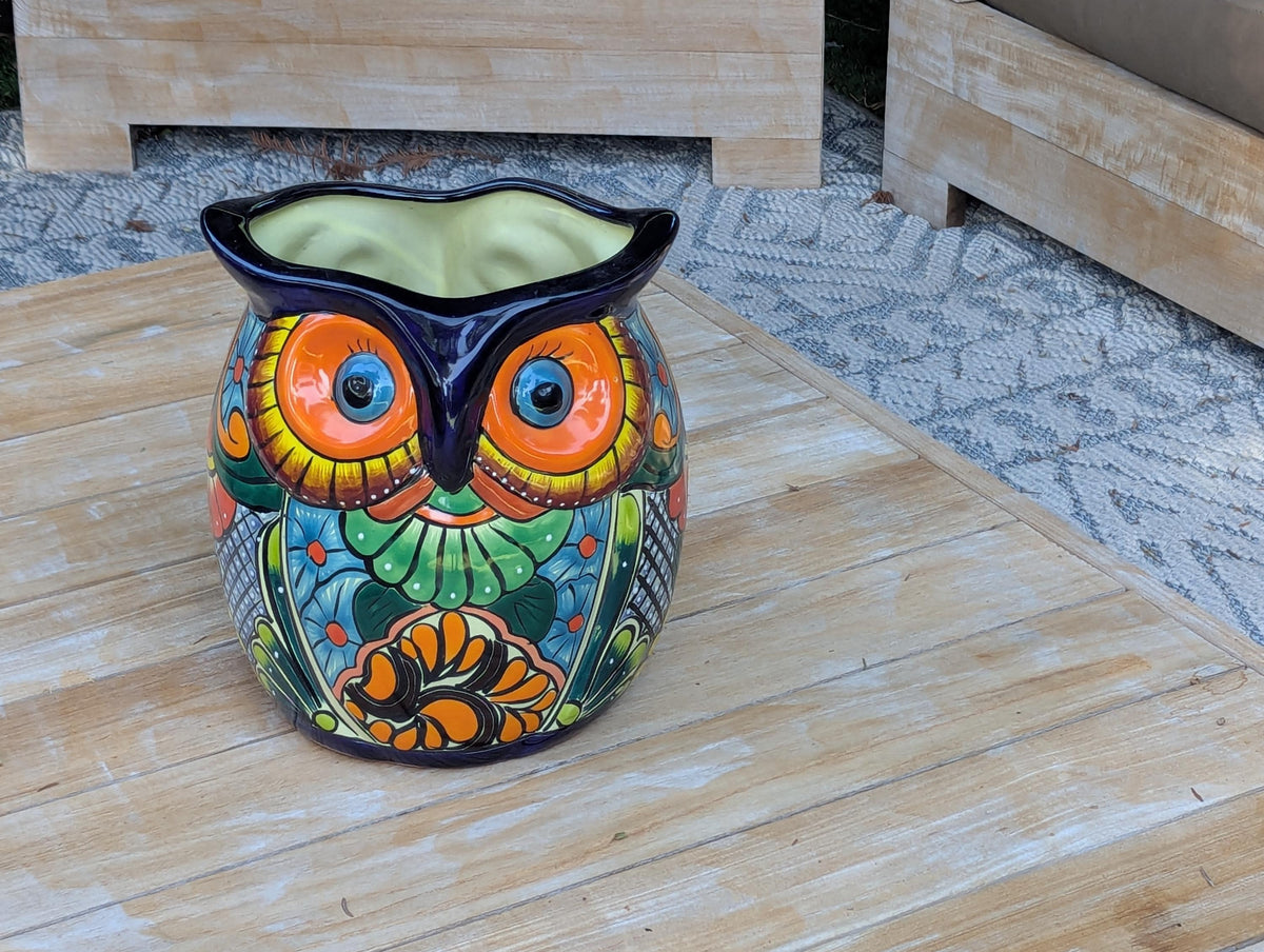 Outdoor Owl Flower Pot | 11.5" Tall Talavera Ceramic Planter | Handmade Mexican Pottery Gift