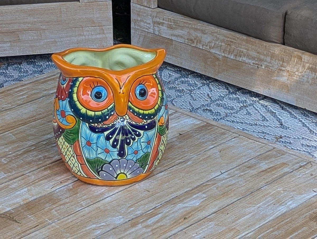 11.5" Tall Talavera Owl Flower Pot | Handmade Ceramic Planter | Outdoor Mexican Pottery Gift