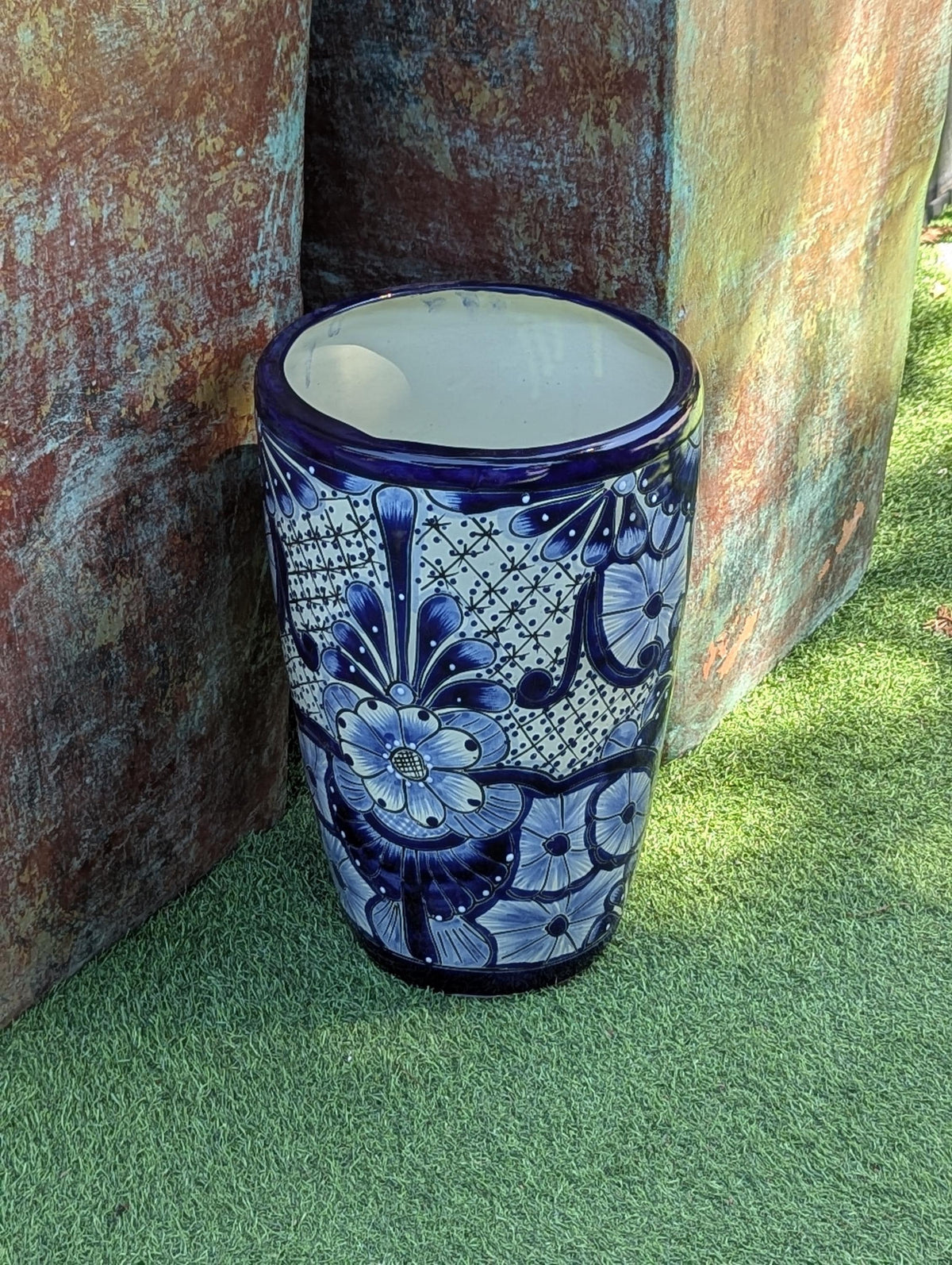 Blue Talavera Planter | 16.5" Tall Hand-Painted Mexican Ceramic Flower Pot | Outdoor Garden Decor