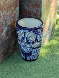 Blue Talavera Planter | 16.5" Tall Hand-Painted Mexican Ceramic Flower Pot | Outdoor Garden Decor
