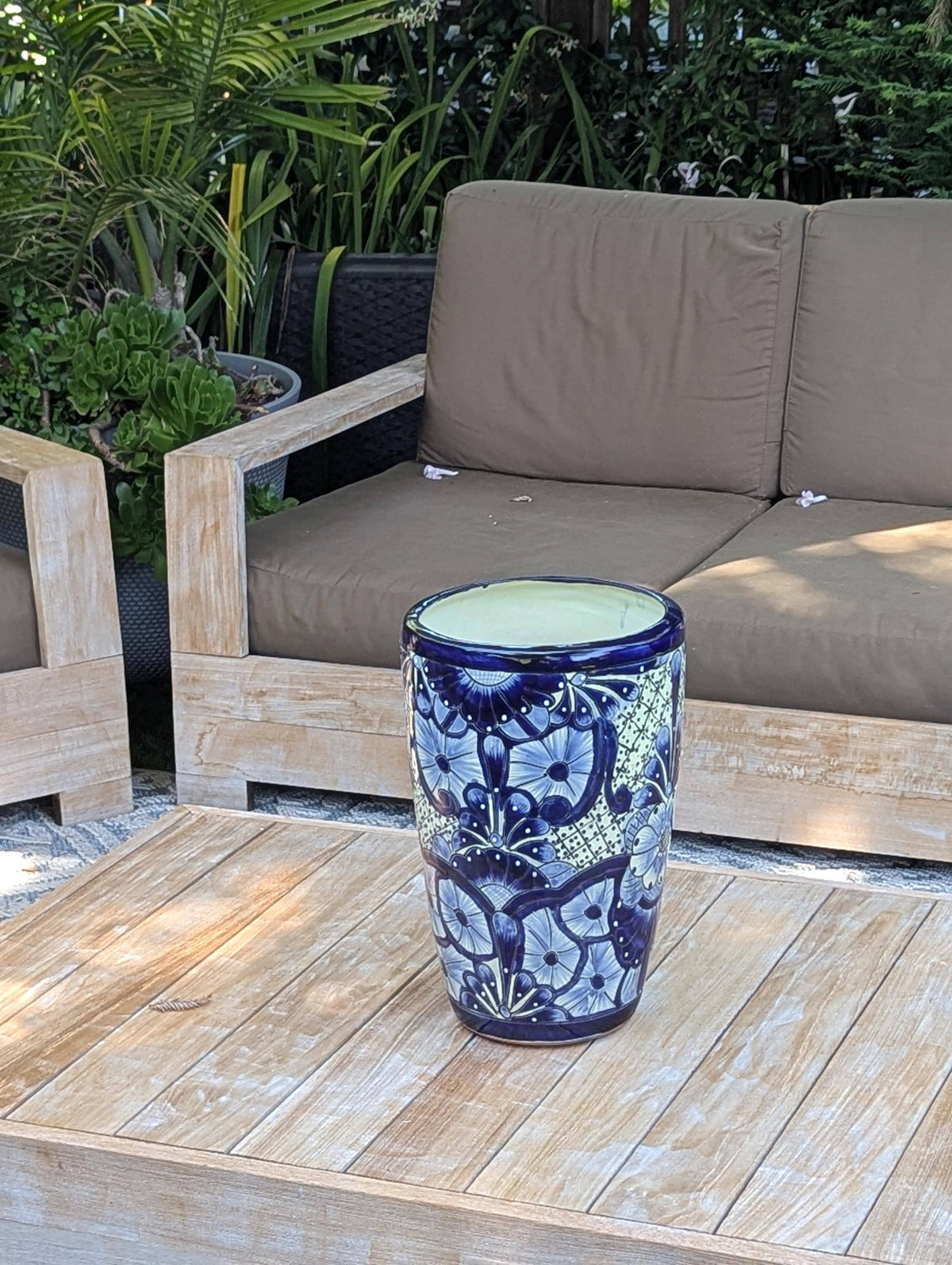 Blue Talavera Planter | 16.5" Tall Hand-Painted Mexican Ceramic Flower Pot | Outdoor Garden Decor
