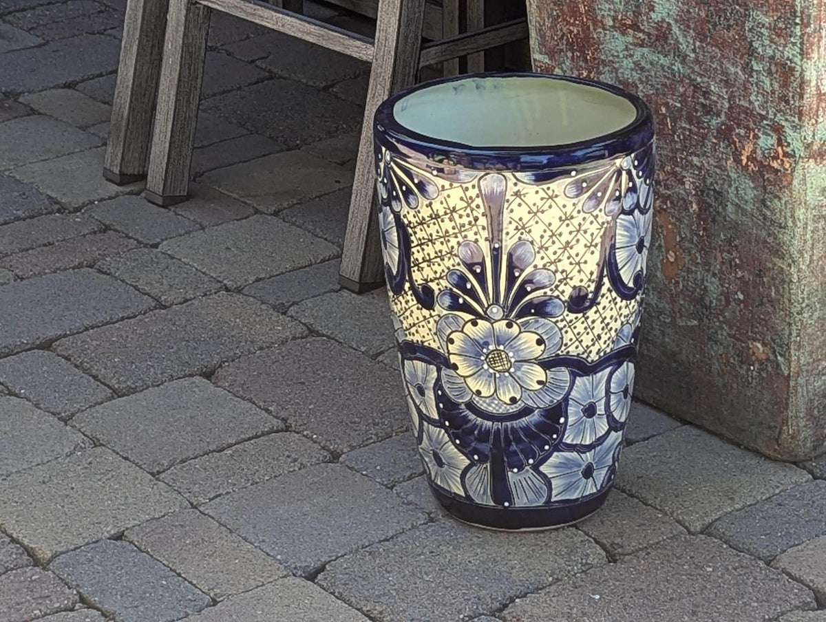 Blue Talavera Planter | 16.5" Tall Hand-Painted Mexican Ceramic Flower Pot | Outdoor Garden Decor