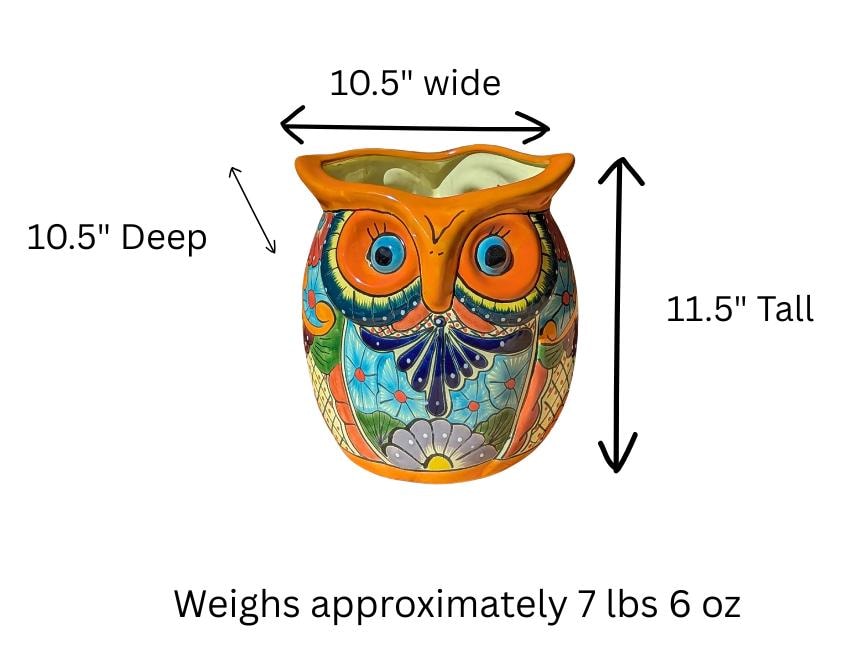 11.5" Tall Talavera Owl Flower Pot | Handmade Ceramic Planter | Outdoor Mexican Pottery Gift