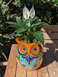 11.5" Tall Talavera Owl Flower Pot | Handmade Ceramic Planter | Outdoor Mexican Pottery Gift