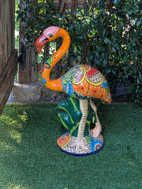 Talavera Flamingo Statue | Handmade Ceramic Mexican Art Sculpture | Colorful Lawn Ornament