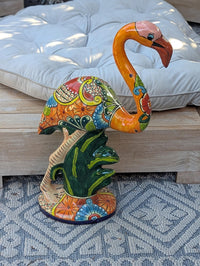 Talavera Flamingo Statue | Handmade Ceramic Mexican Art Sculpture | Colorful Lawn Ornament