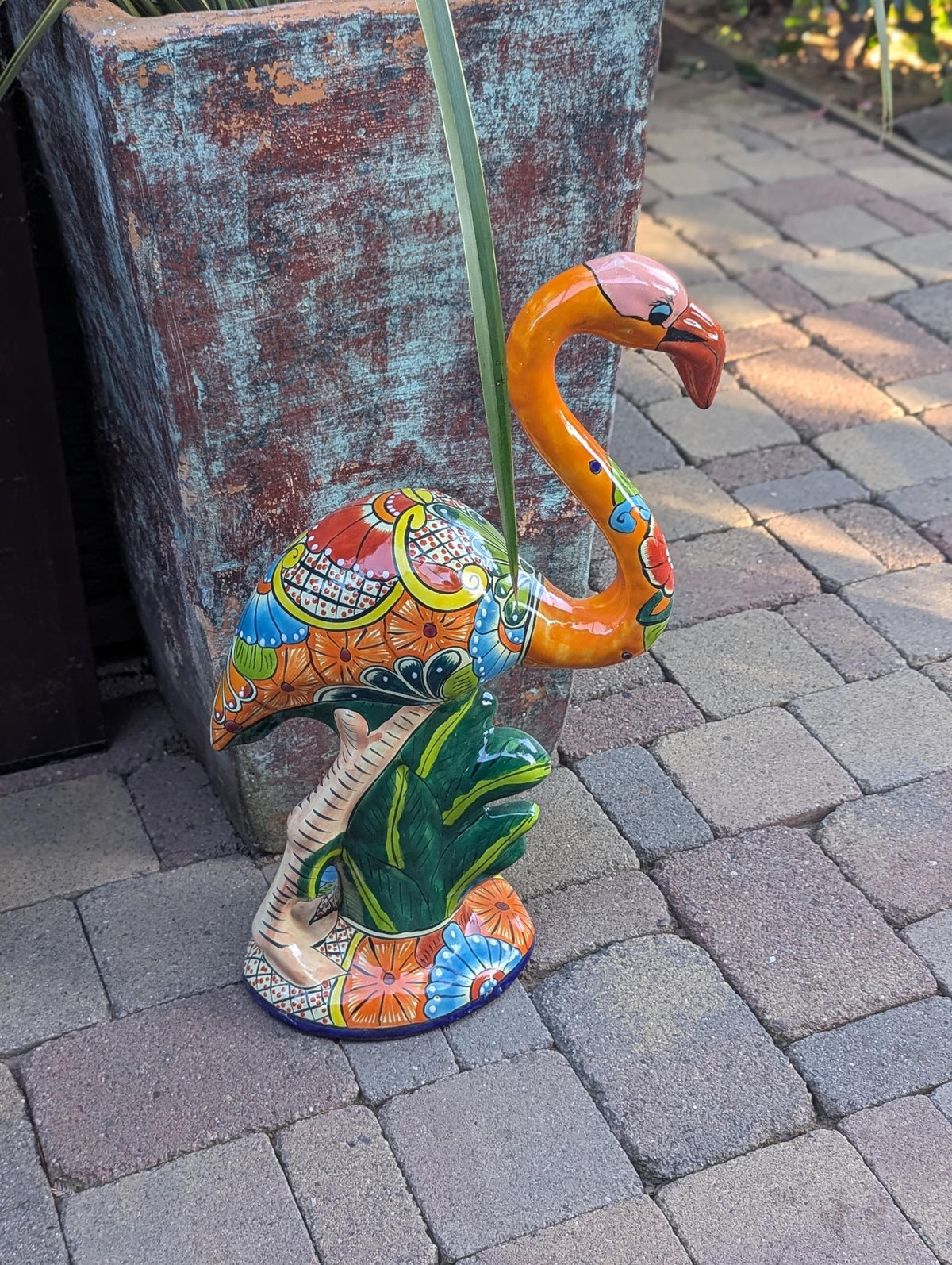 Talavera Flamingo Statue | Handmade Ceramic Mexican Art Sculpture | Colorful Lawn Ornament