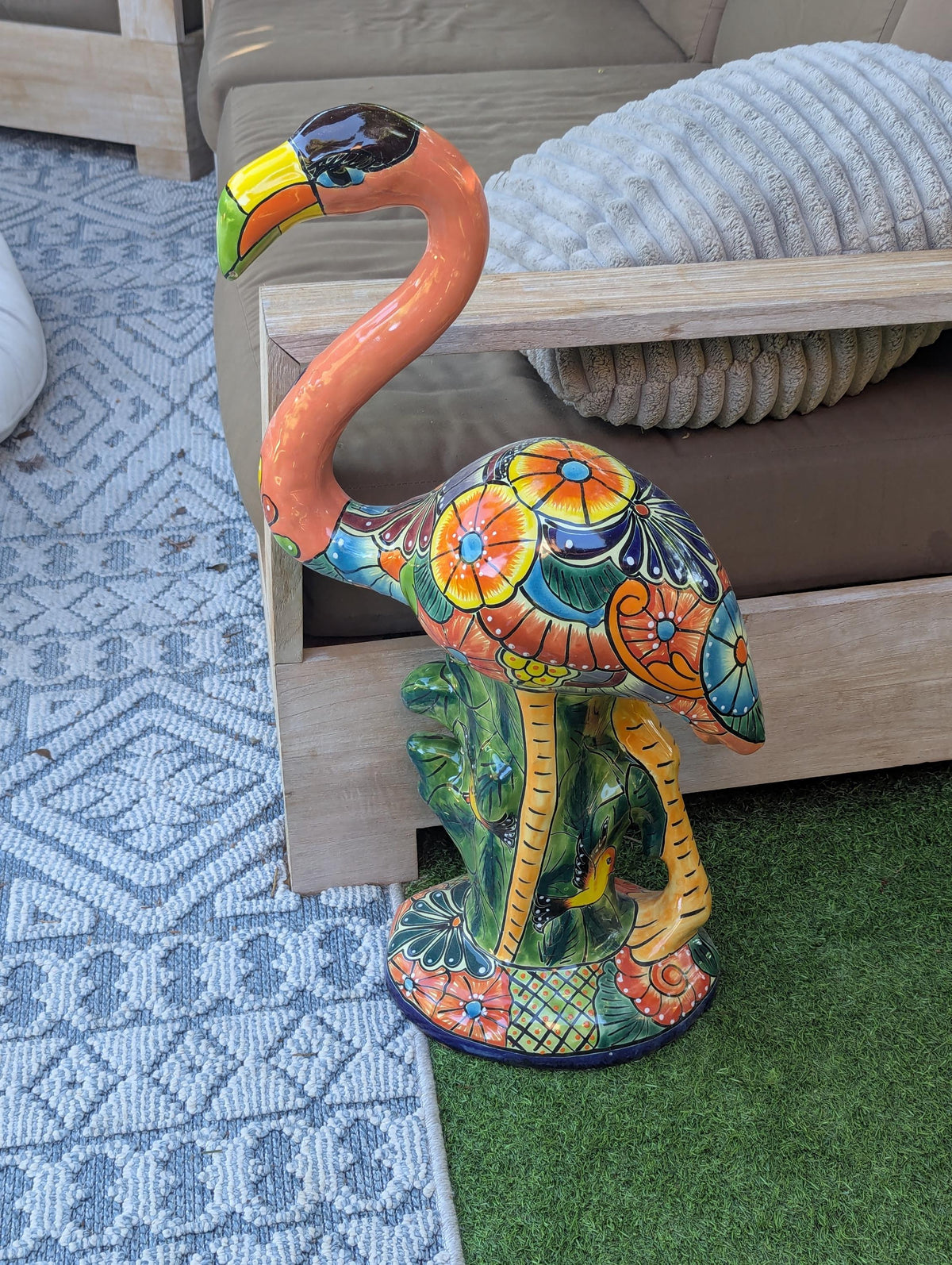 Handmade Talavera Flamingo Garden Statue | Ceramic Mexican Pottery | Colorful Lawn Ornament