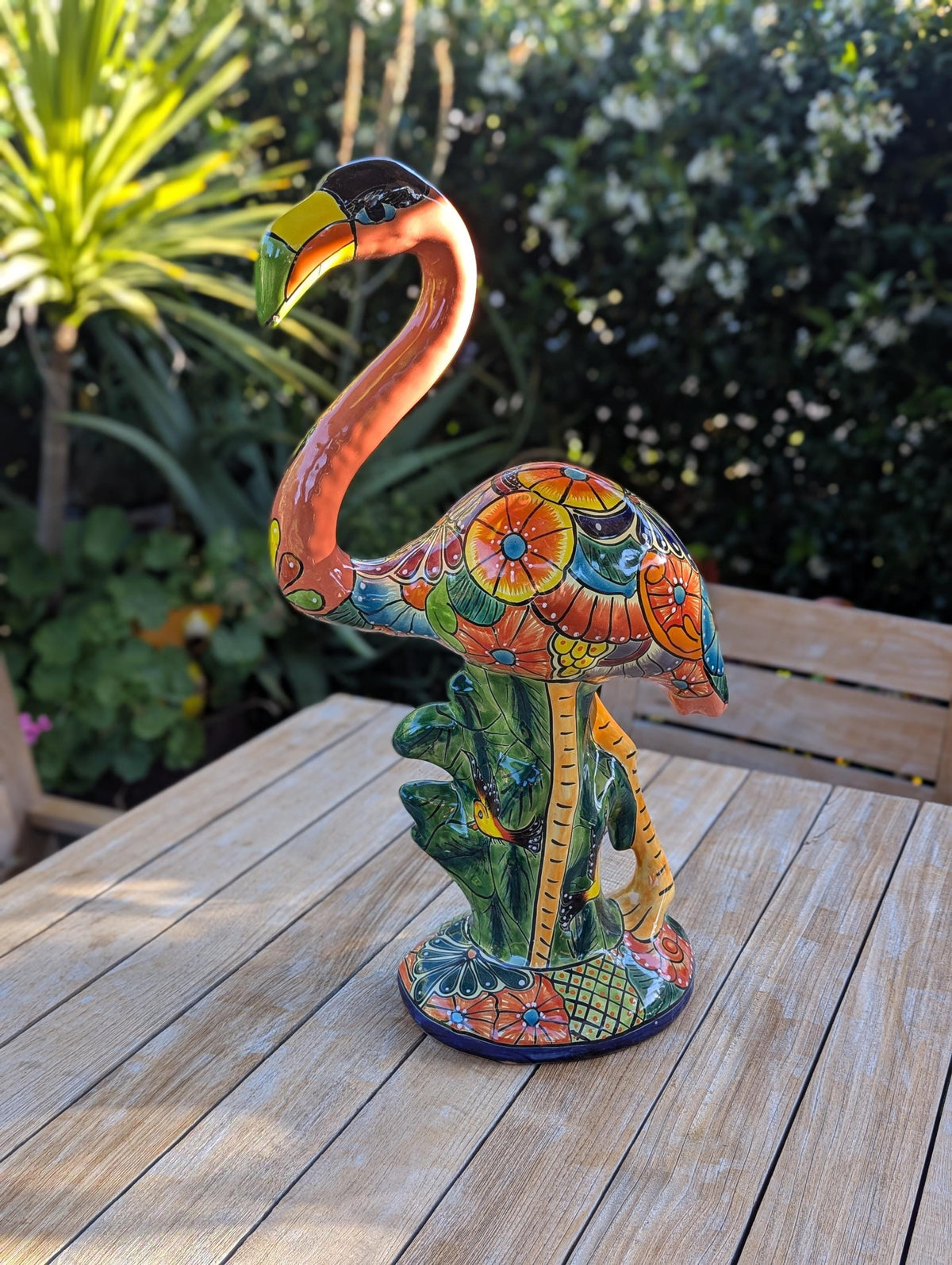 Handmade Talavera Flamingo Garden Statue | Ceramic Mexican Pottery | Colorful Lawn Ornament