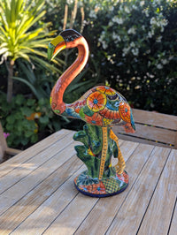 Handmade Talavera Flamingo Garden Statue | Ceramic Mexican Pottery | Colorful Lawn Ornament