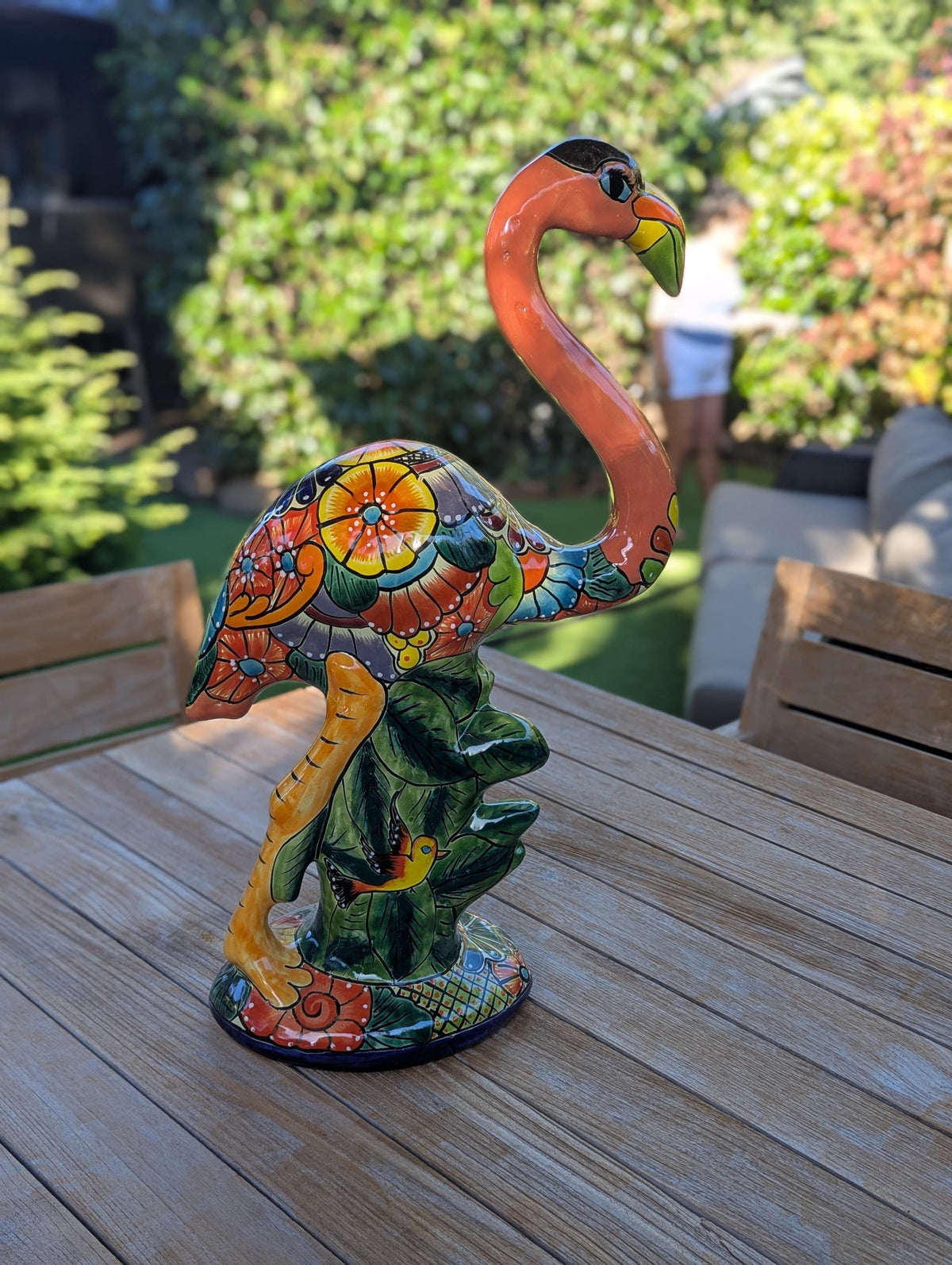 Handmade Talavera Flamingo Garden Statue | Ceramic Mexican Pottery | Colorful Lawn Ornament
