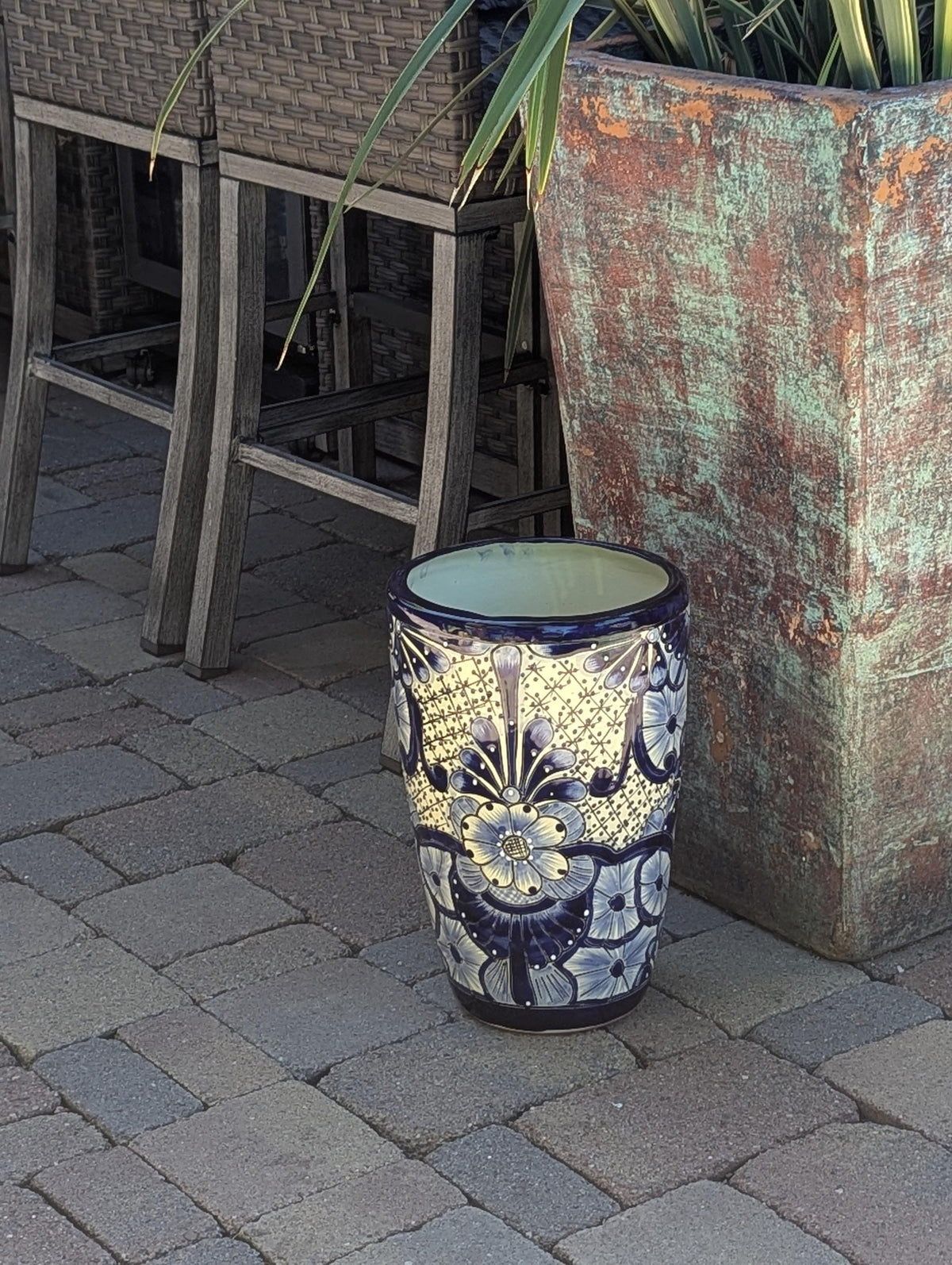 Blue Talavera Planter | 16.5" Tall Hand-Painted Mexican Ceramic Flower Pot | Outdoor Garden Decor