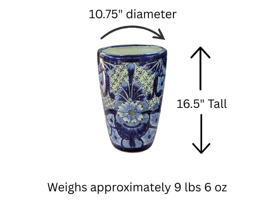 Blue Talavera Planter | 16.5" Tall Hand-Painted Mexican Ceramic Flower Pot | Outdoor Garden Decor