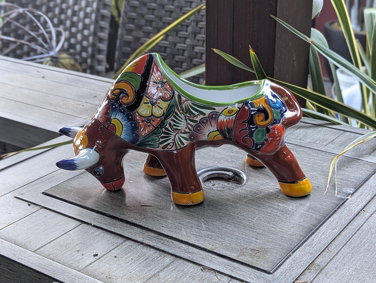 Talavera Bull Planter  | Handmade Mexican Pottery | Ceramic Flower Pot as Garden Gift
