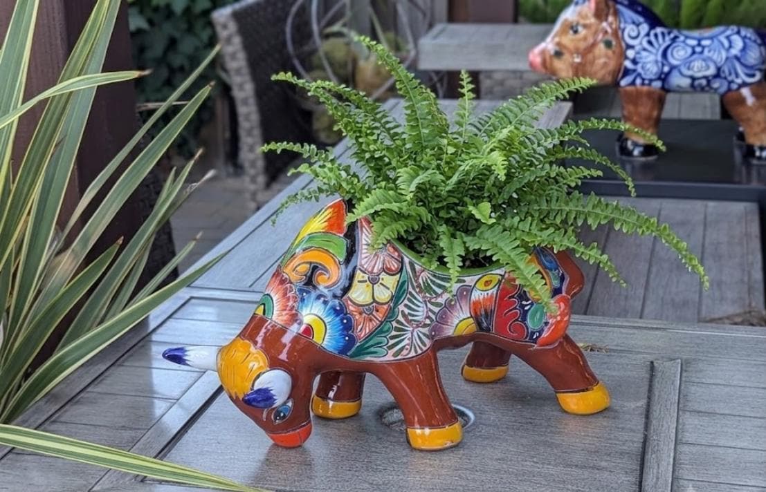 Talavera Bull Planter  | Handmade Mexican Pottery | Ceramic Flower Pot as Garden Gift
